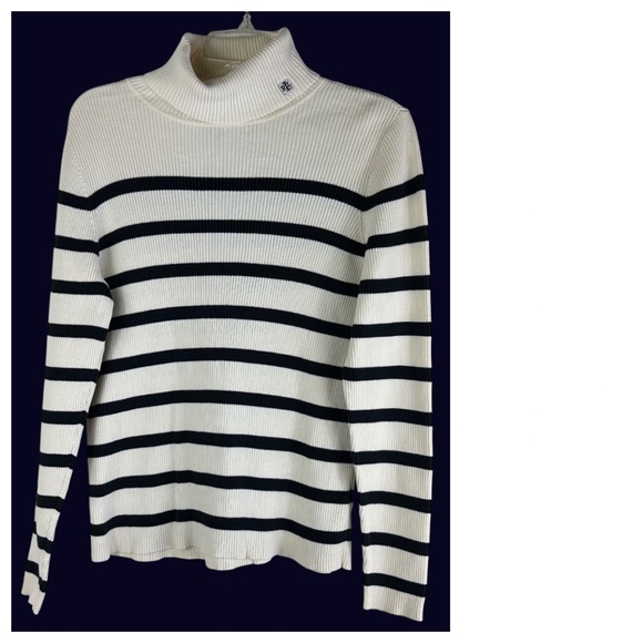 Ralph Lauren Turtleneck Sweater Large Striped Navy Blue White Ribbed Luxury - Picture 2 of 4